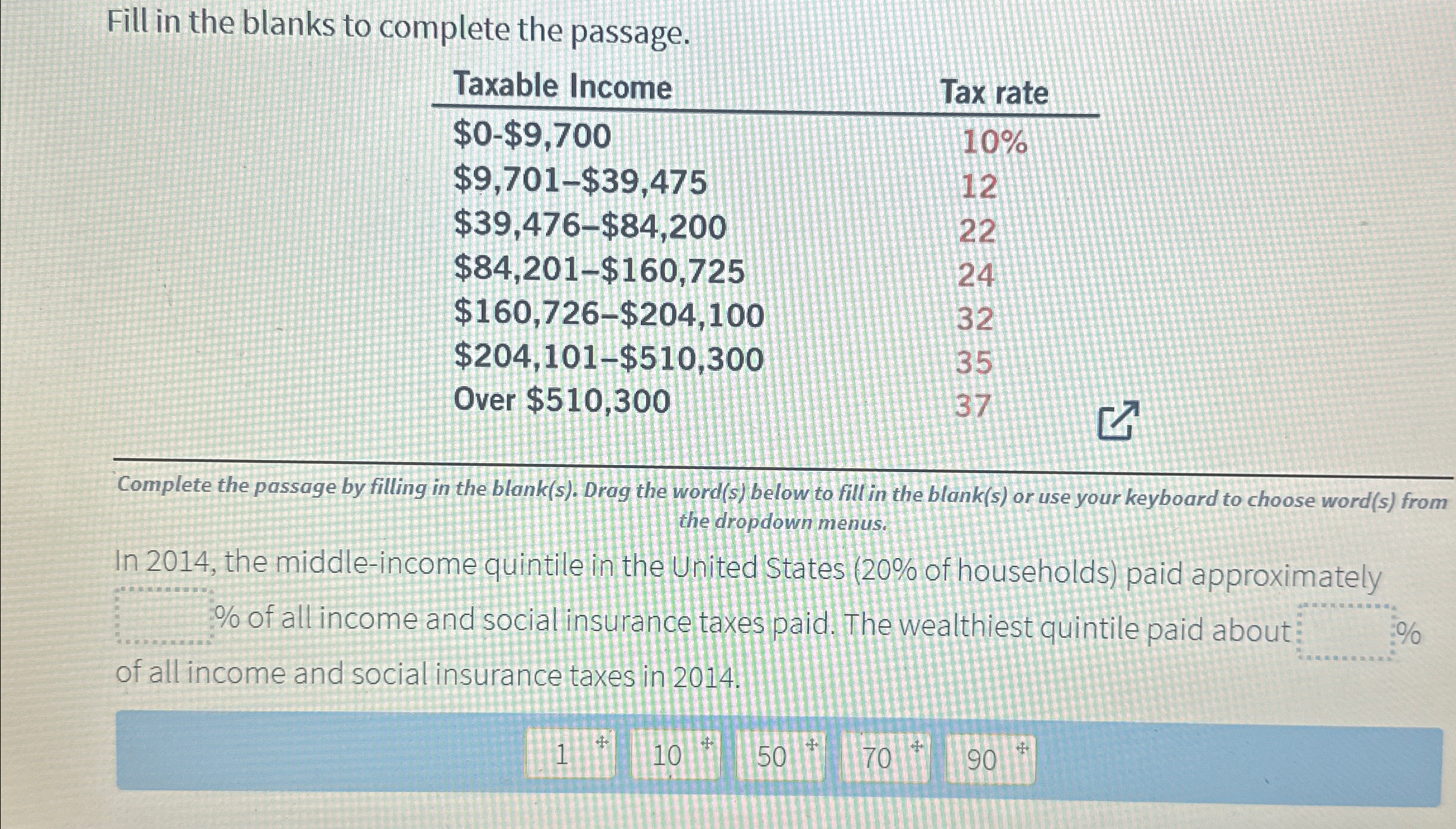  Fill in the blanks to complete the passage. \table[[Taxable Income,Tax rate],[$0-$9,700,10%