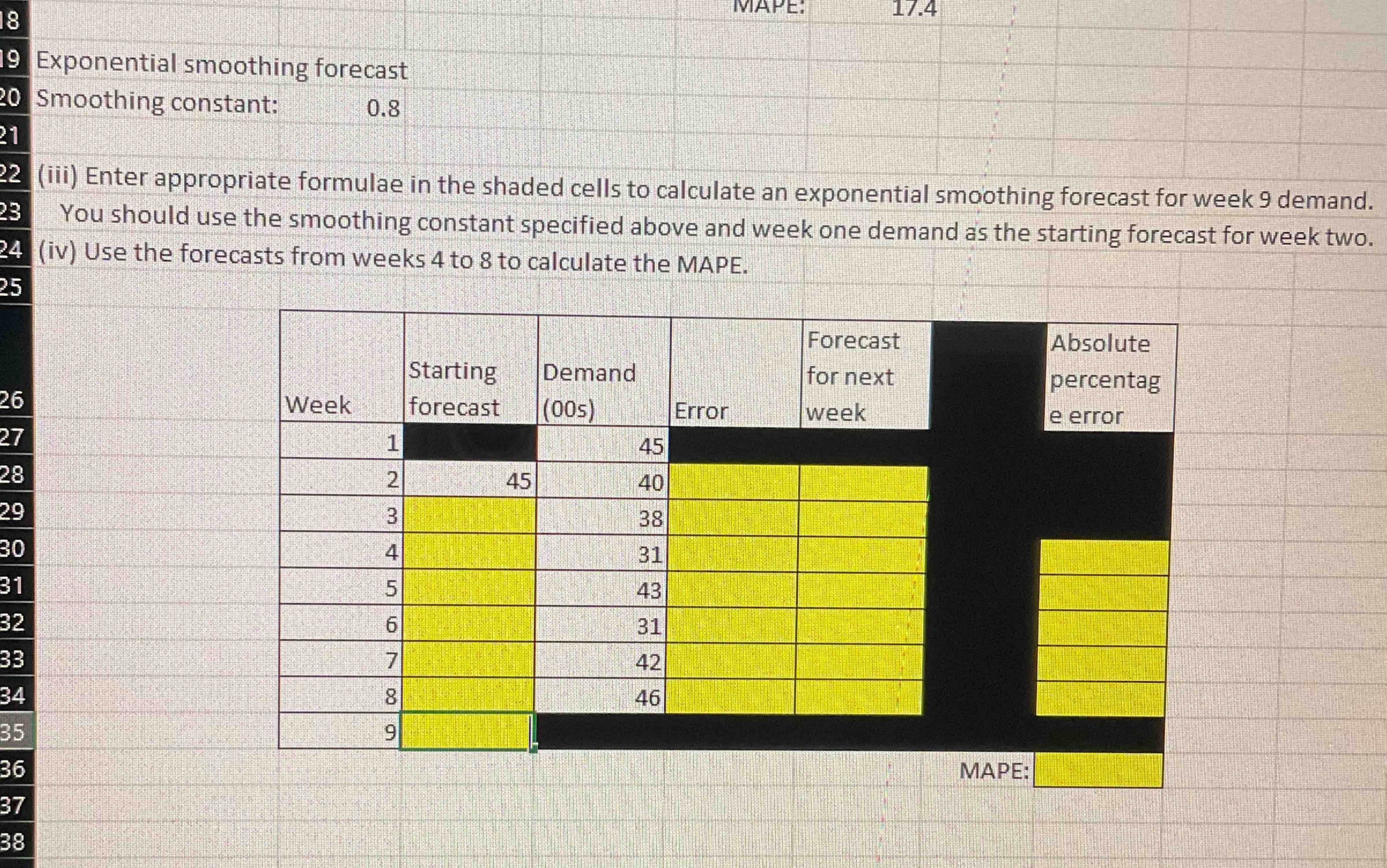  Exponential smoothing forecast Smoothing constant: 0.8 (iii) Enter appropriate formulae in