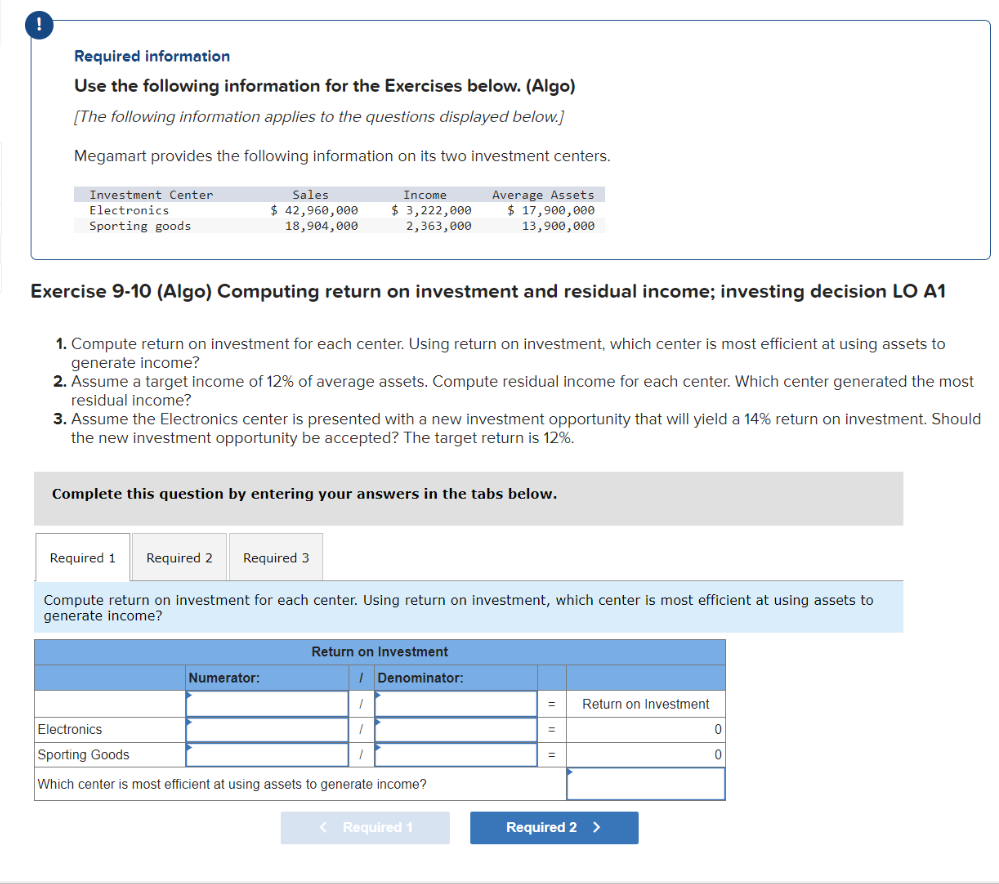  Required information Use the following information for the Exercises below. (Algo)