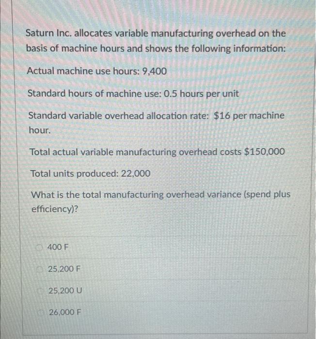  Saturn Inc. allocates variable manufacturing overhead on the basis of machine