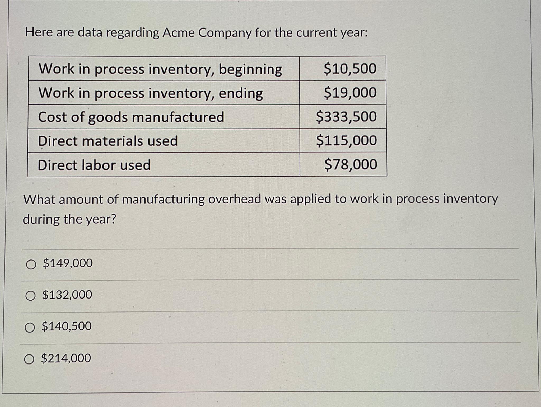  Here are data regarding Acme Company for the current year: \table[[Work