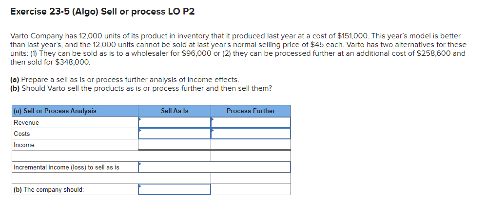 Exercise 23-5(Algo) Sell or process LO P2 Varto Company has 12,000