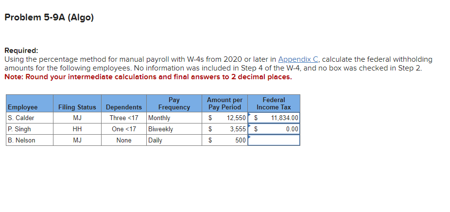  Problem 5-9A (Algo) Required: Using the percentage method for manual payroll