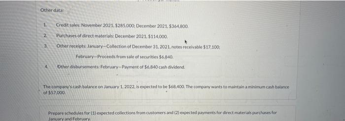 prepares monthly cash budgets. Relevant data from operating budgets for 2022 are