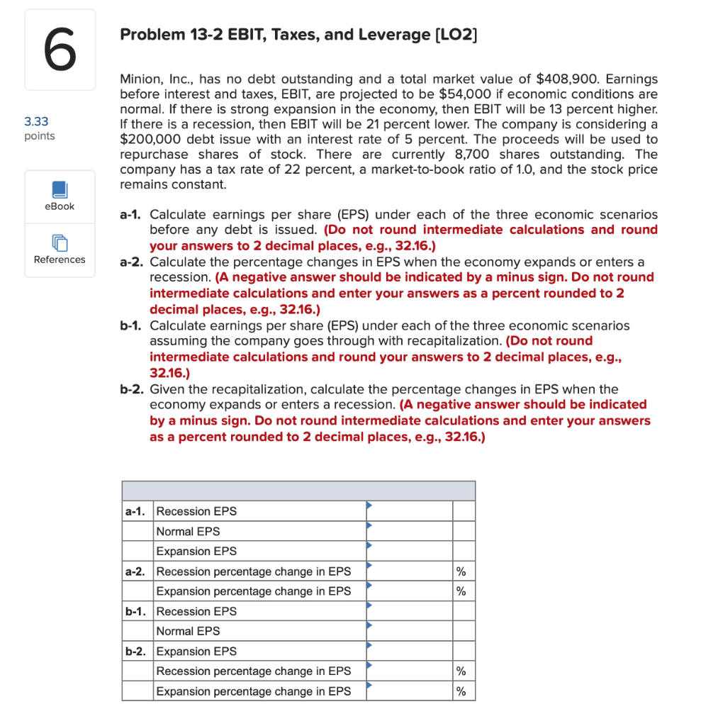  Problem 13-2 EBIT, Taxes, and Leverage (L02] 3.33 points Minion, Inc.,
