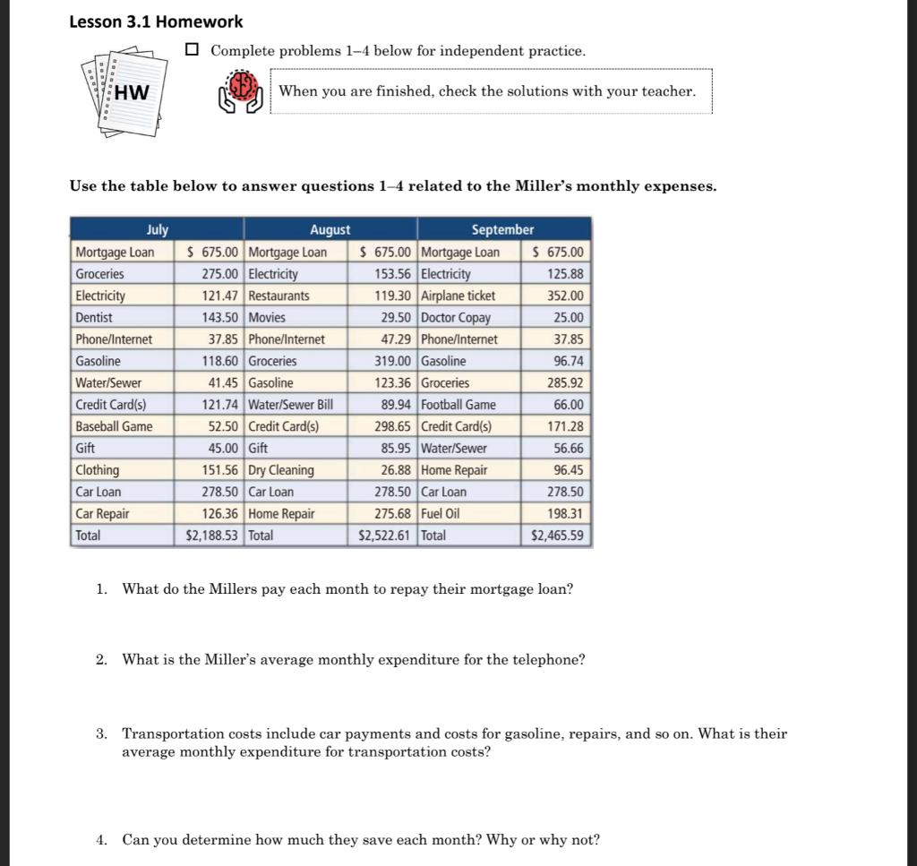 Lesson 3.1 Homework Complete problems 14 below for independent practice. Use