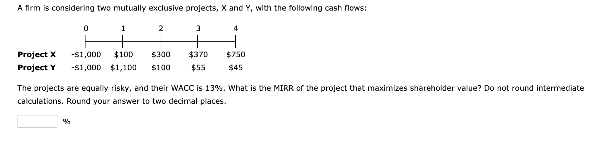 11. A firm is considering two mutually exclusive projects, X and Y,