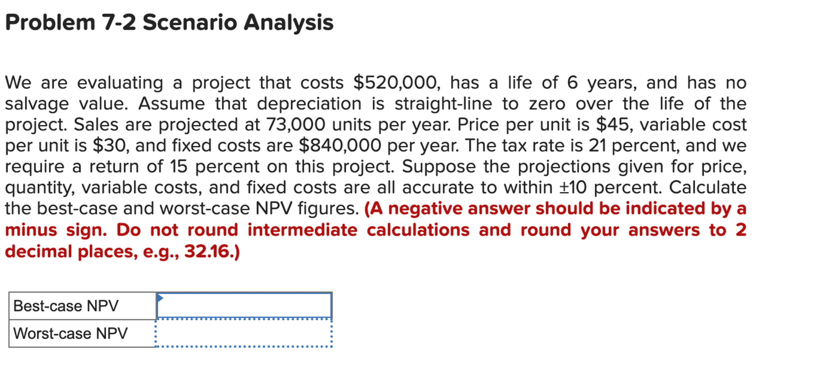  Problem 7-2 Scenario Analysis We are evaluating a project that costs