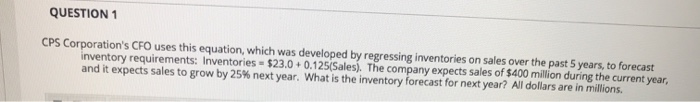  QUESTION 1 CPS Corporation's CFO uses this equation, which was developed