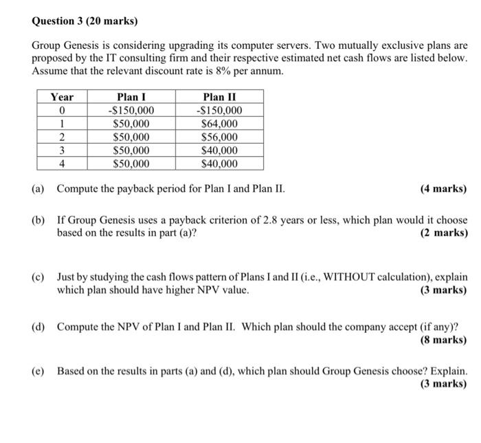  Question 3 (20 marks) Group Genesis is considering upgrading its computer