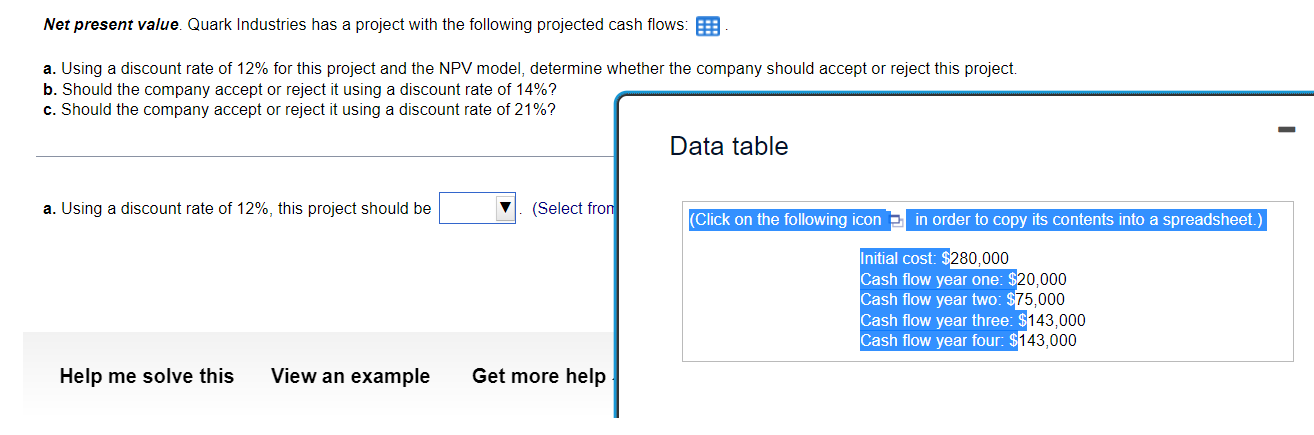  Net present value. Quark Industries has a project with the following