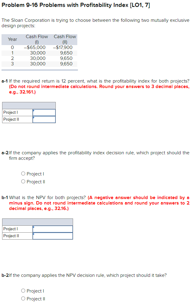  Problem 9-16 Problems with Profitability Index [LO1, 7] The Sloan Corporation