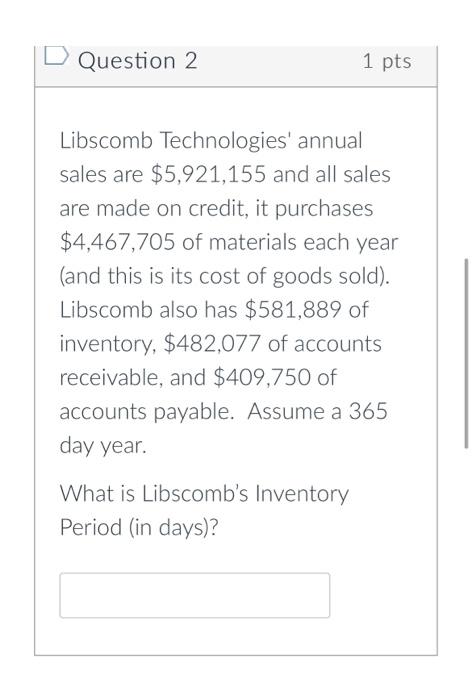  D Question 2 2 1 pts Libscomb Technologies' annual sales are