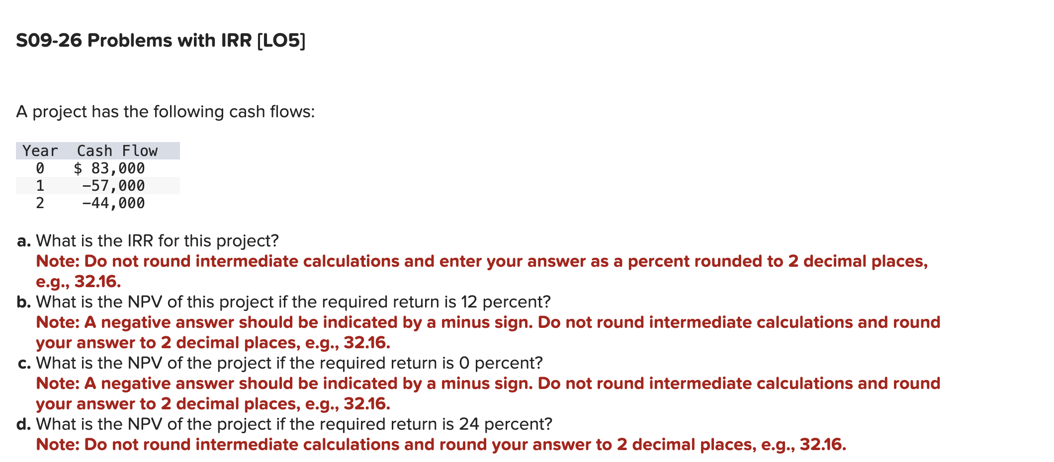 S09-26 Problems with IRR [LO5] A project has the following cash