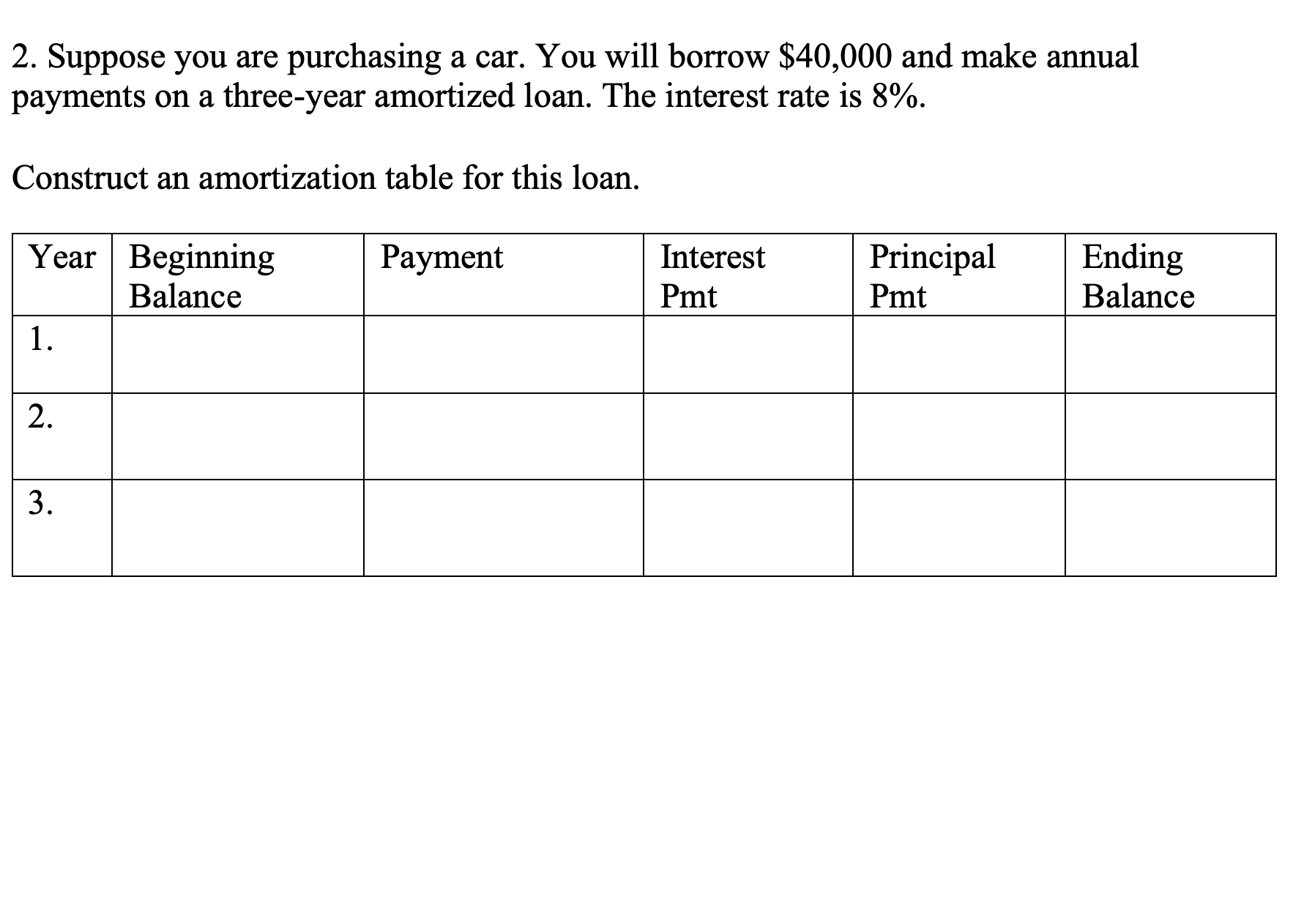 2. Suppose you are purchasing a car. You will borrow $40,000