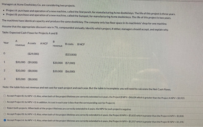  Managers at Acme Doohickey Co. are considering two projects. Project A