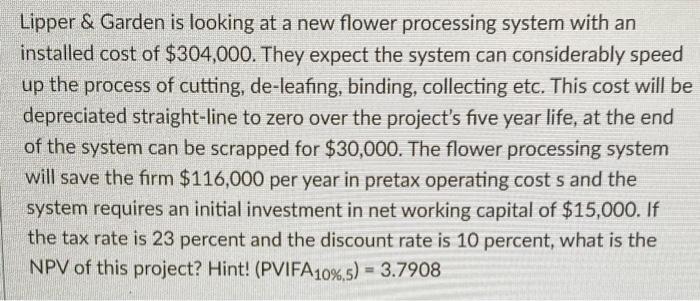  Lipper & Garden is looking at a new flower processing system