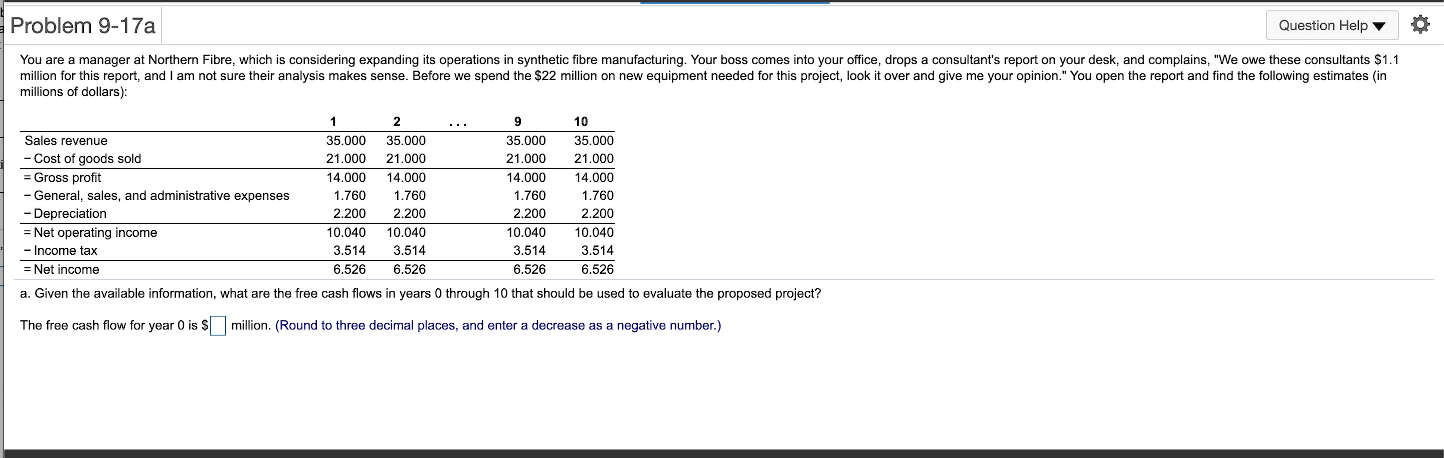  Problem 9-17a Question Help You are a manager at Northern Fibre,