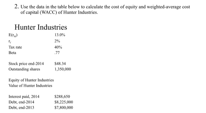need guidance 2. Use the data in the table below to calculate