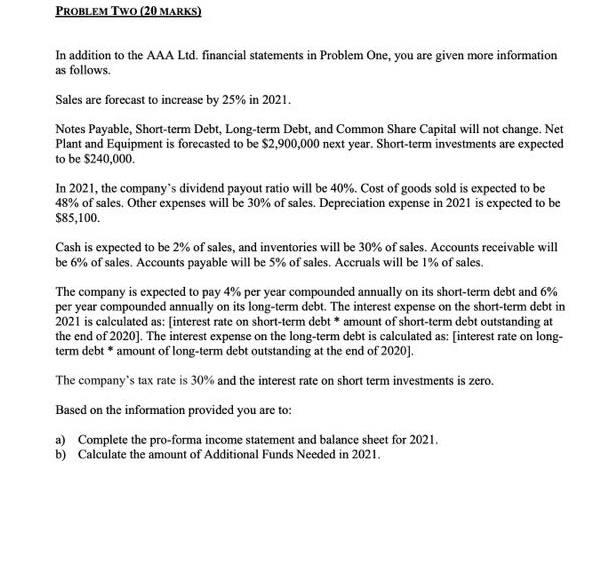  PROBLEM Two (20 MARKS) In addition to the AAA Ltd, financial