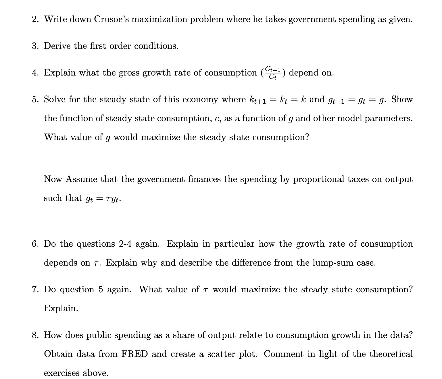 2. Write down Crusoe's maximization problem where he takes government spending