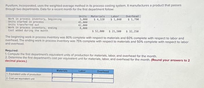  Pureform, Incorporated, uses the weighted-average method in its process costing system.