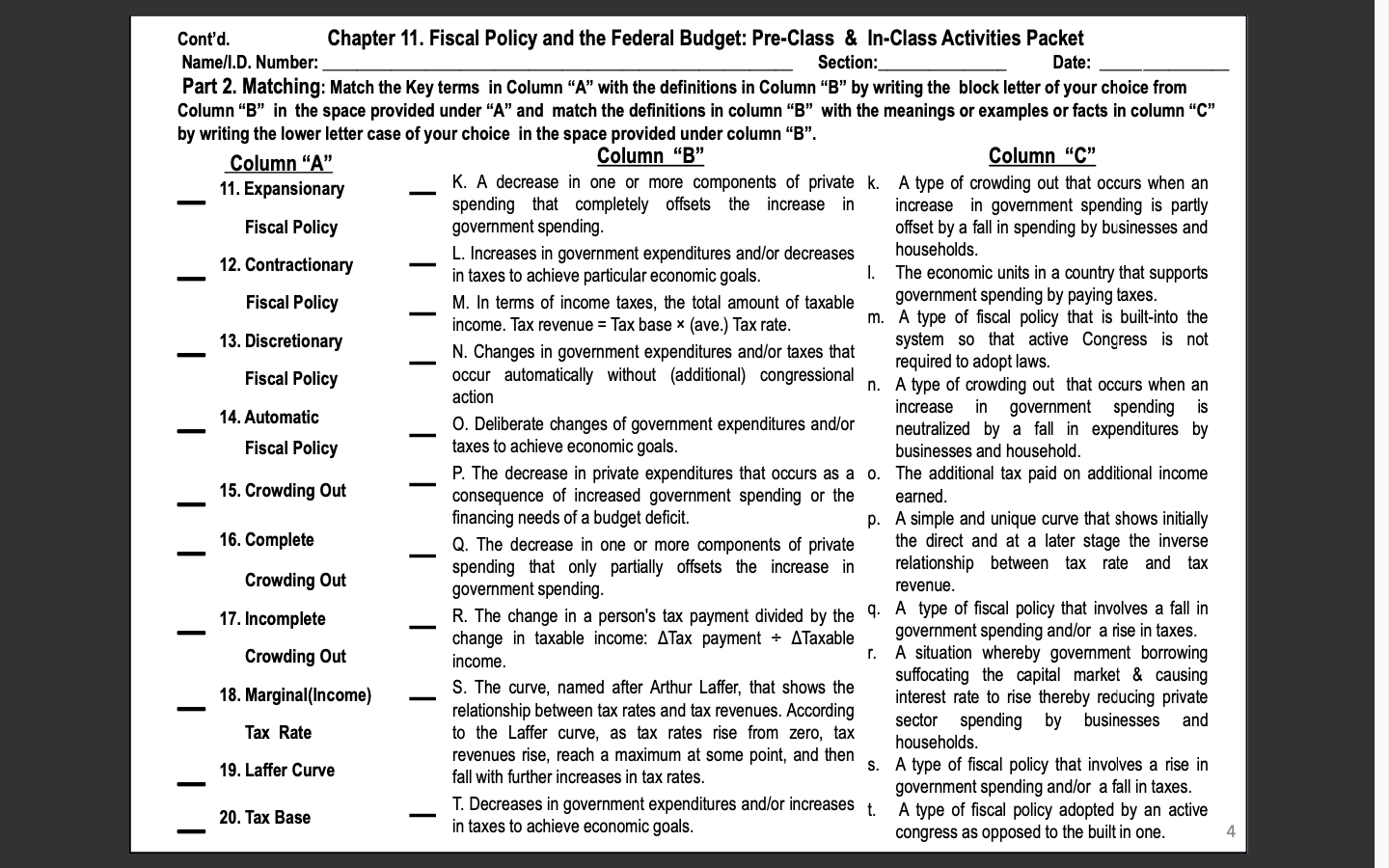 Matching: Match the Key terms in Column "A" with the definitions in