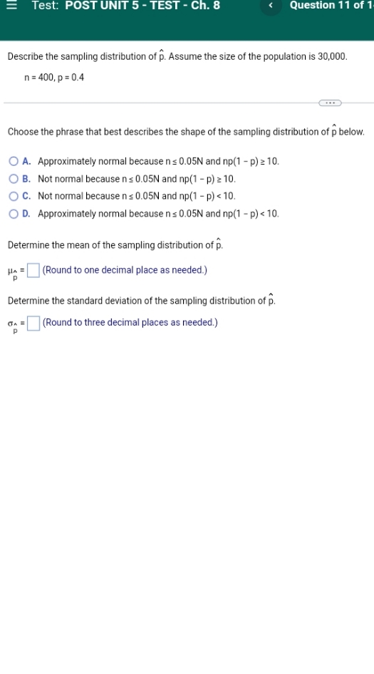 solve this question Test: POST UNIT 5 - TEST - Ch. 8