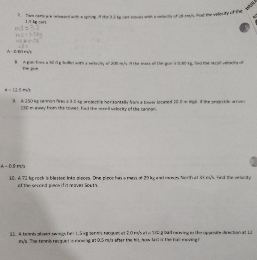 show work and notes INPULSE 7. Two carts are released with a