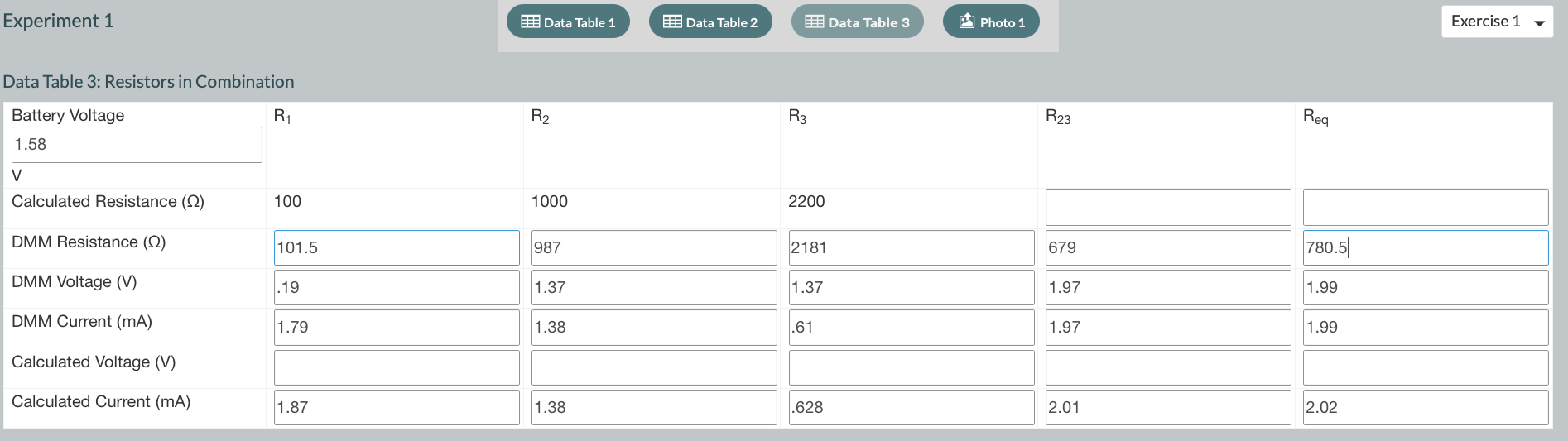 Experiment 1 Data Table 1 Data Table 2 Data Table 3