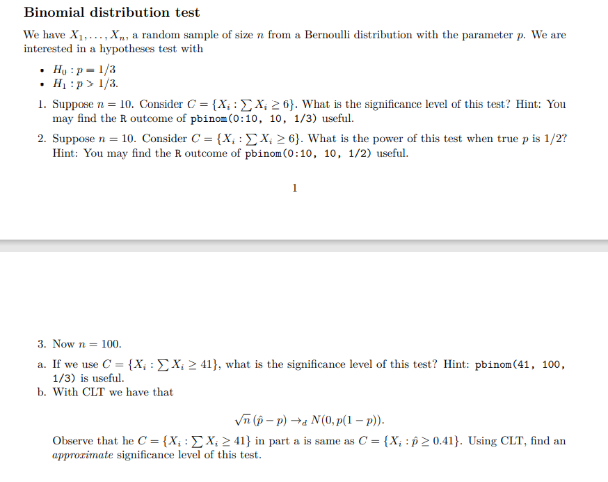 Binomial distribution test We have X1, ...; Xn, a random sample