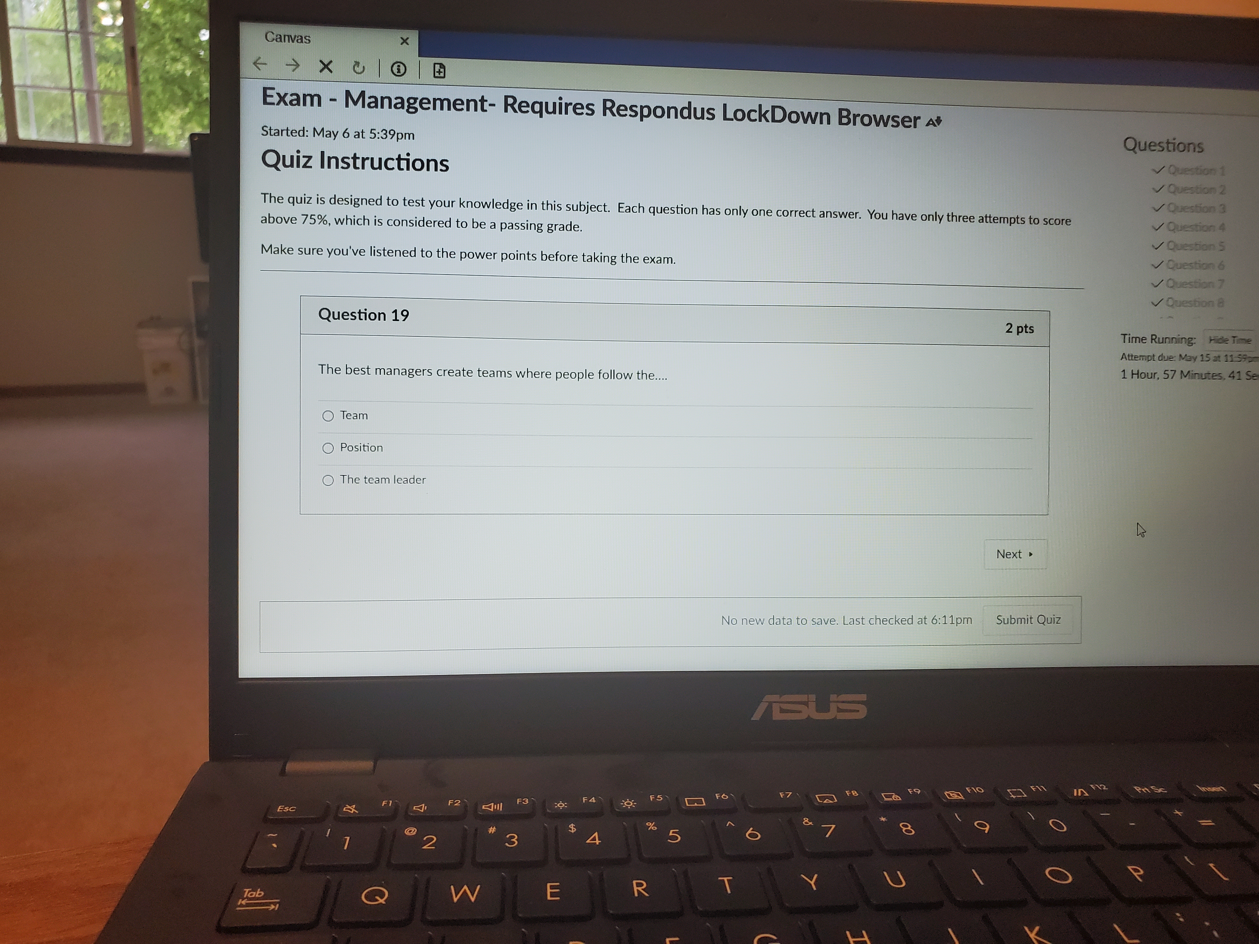  Canvas X Exam - Management- Requires Respondus LockDown Browser Started: May