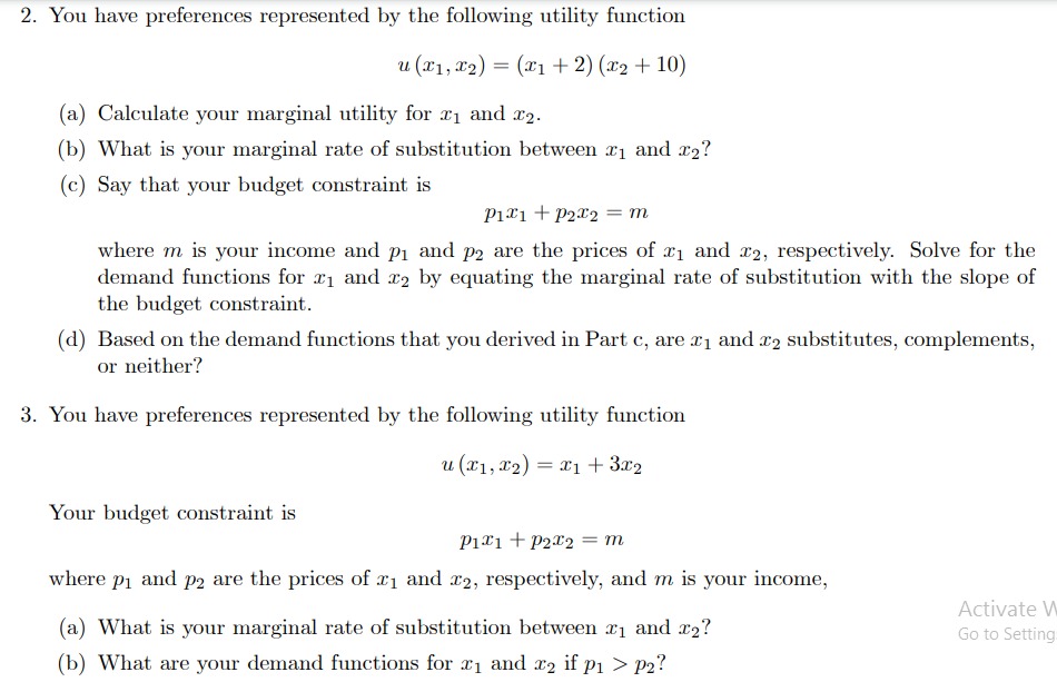 Solve it plz 2. You have preferences represented by the following utility