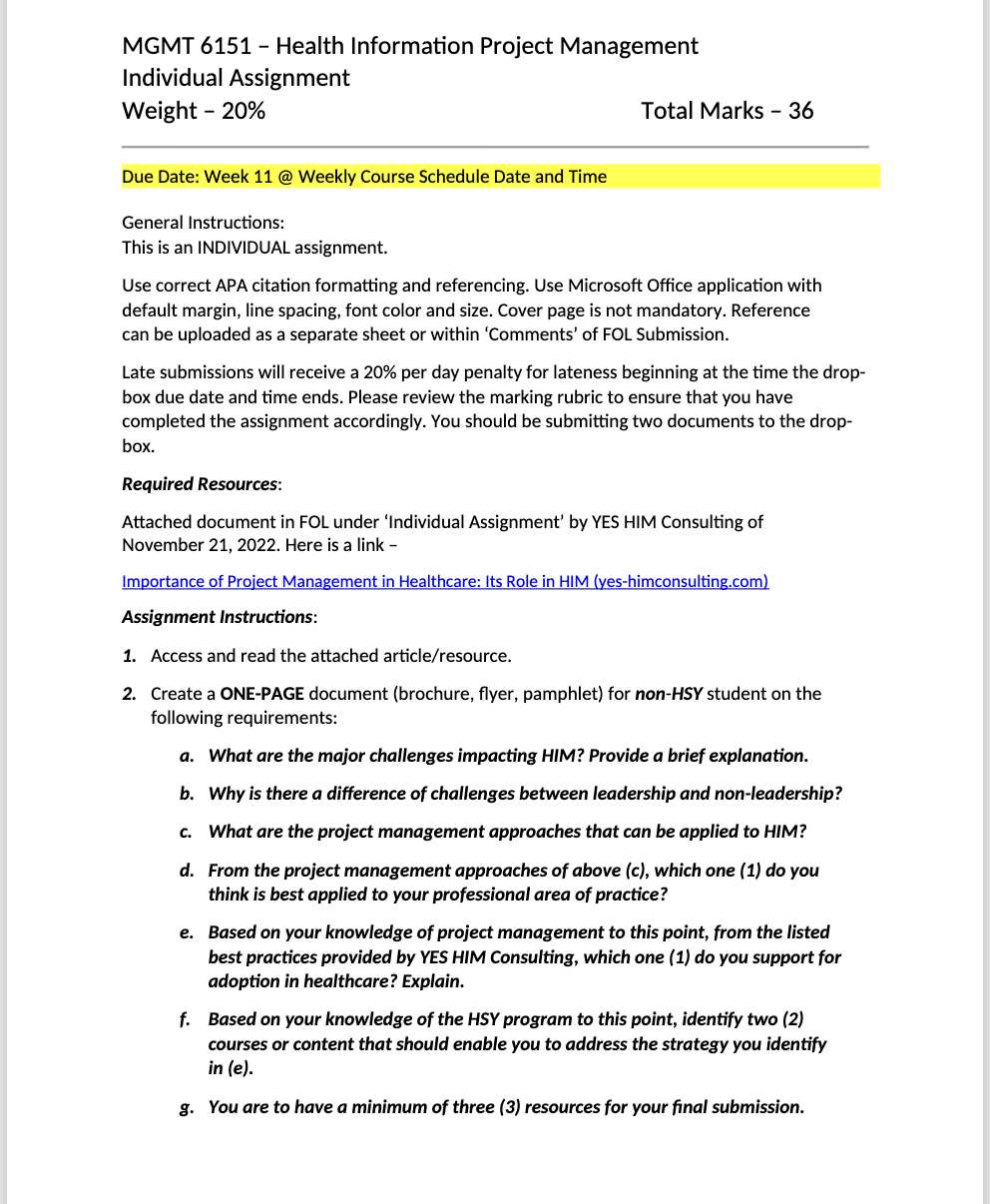 Attached document in FOL under 'Individual Assignment' by YES HIM Consulting of