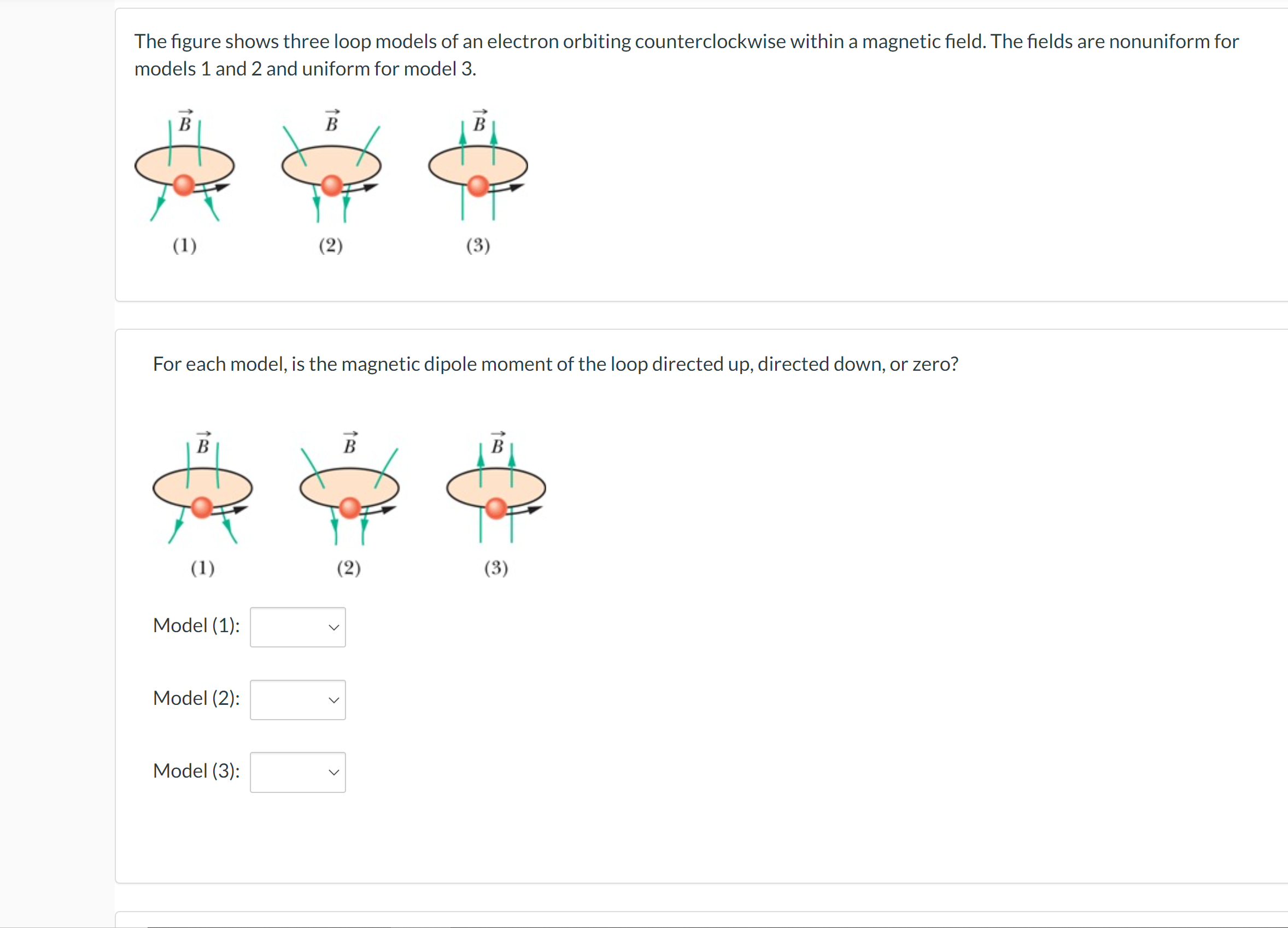 The figure shows three loop models of an electron orbiting counterclockwise