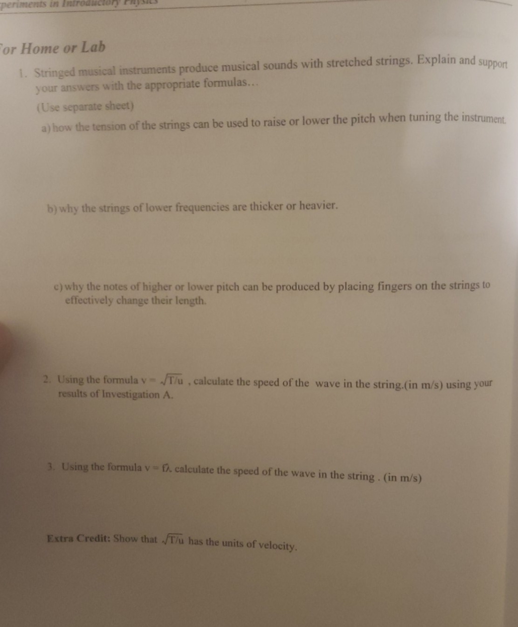 lab questions topic standing waves in a string or Home or Lab