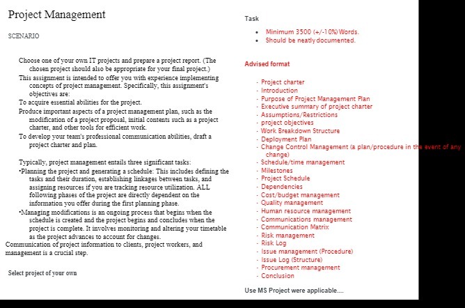  Project Management Task SCENARIO Minimum 3500 (+/-10%%) Words. Should be neatly
