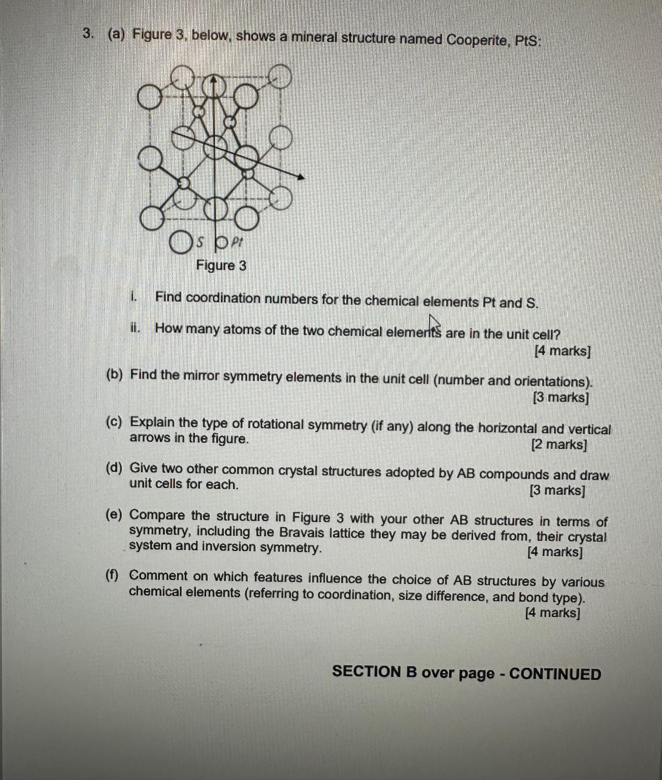  (a) Figure 3, below, shows a mineral structure named Cooperite, PtS: