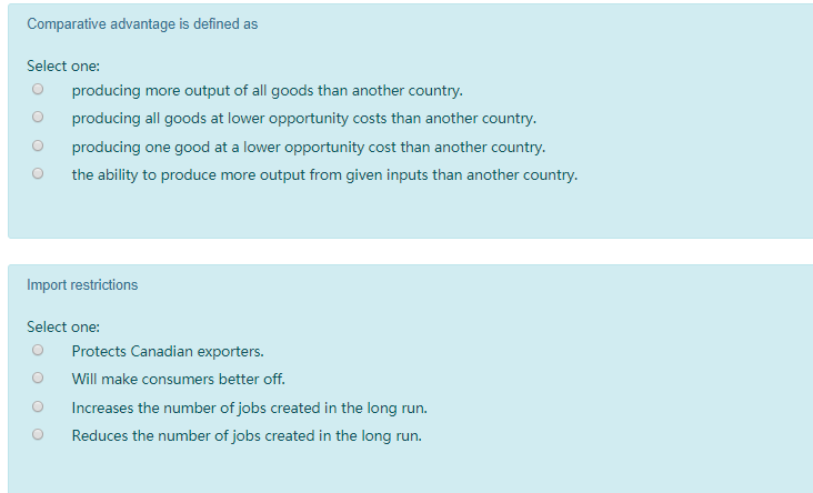 Comparative advantage is defined as Comparative advantage is defined as Select one: