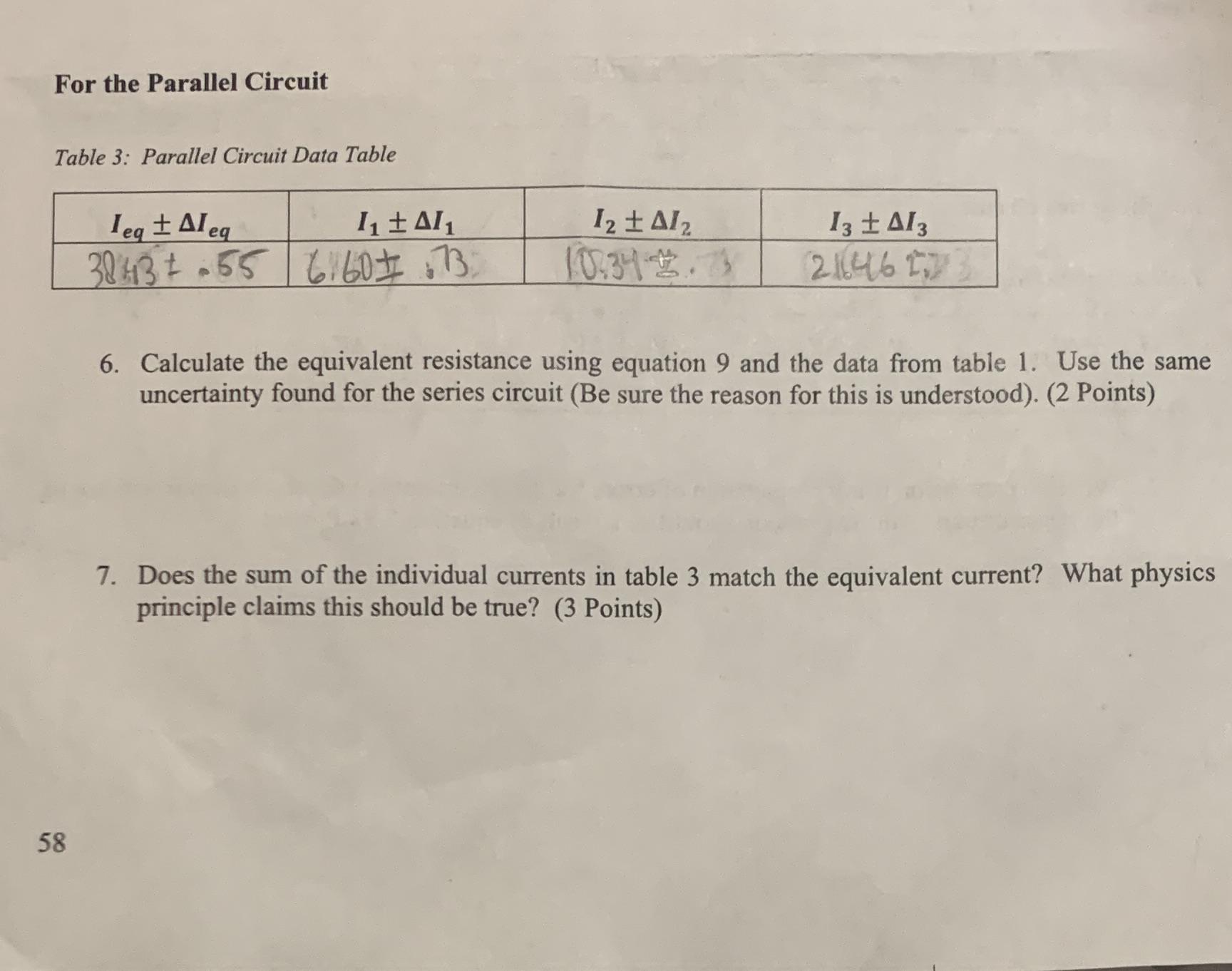  For the Parallel Circuit Table 3: Parallel Circuit Data Table Leg