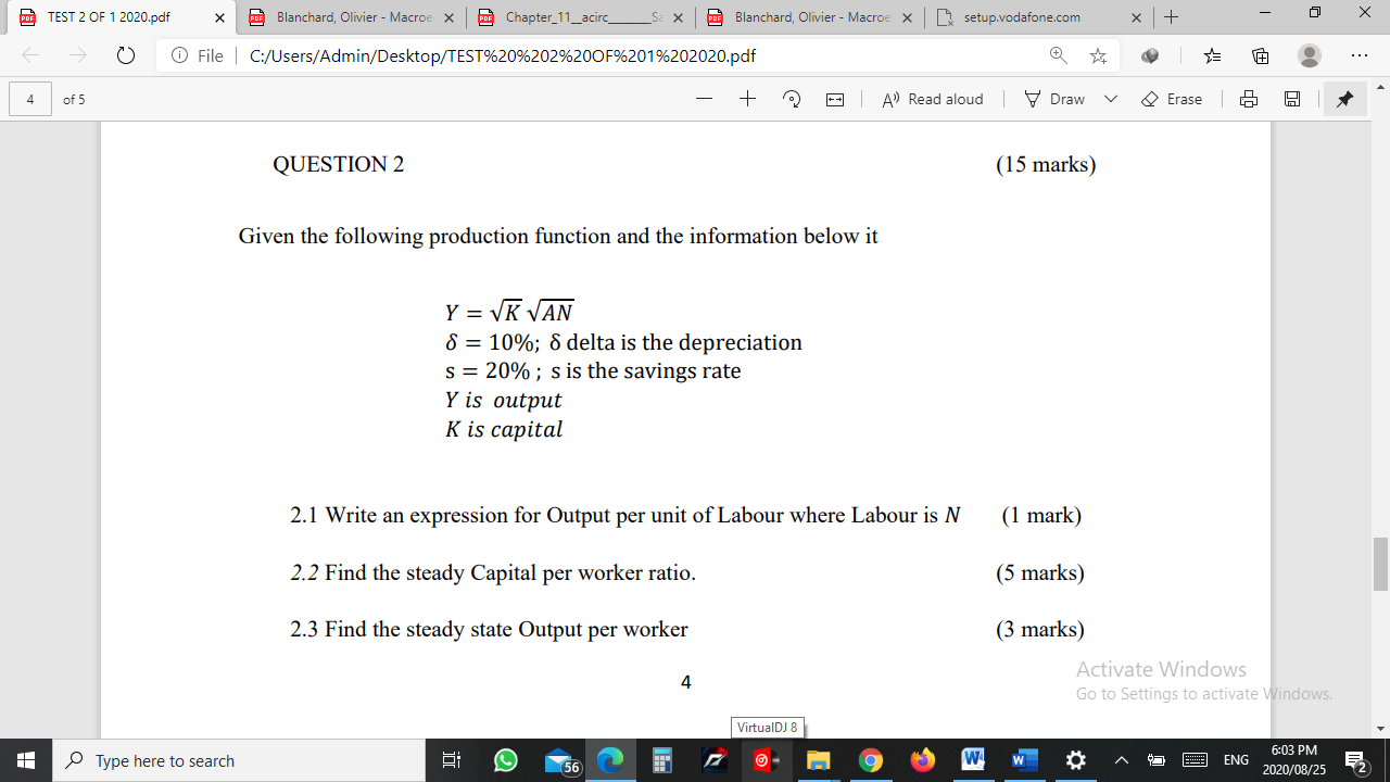 Given the following production function and the information below Y= ?K ?AN