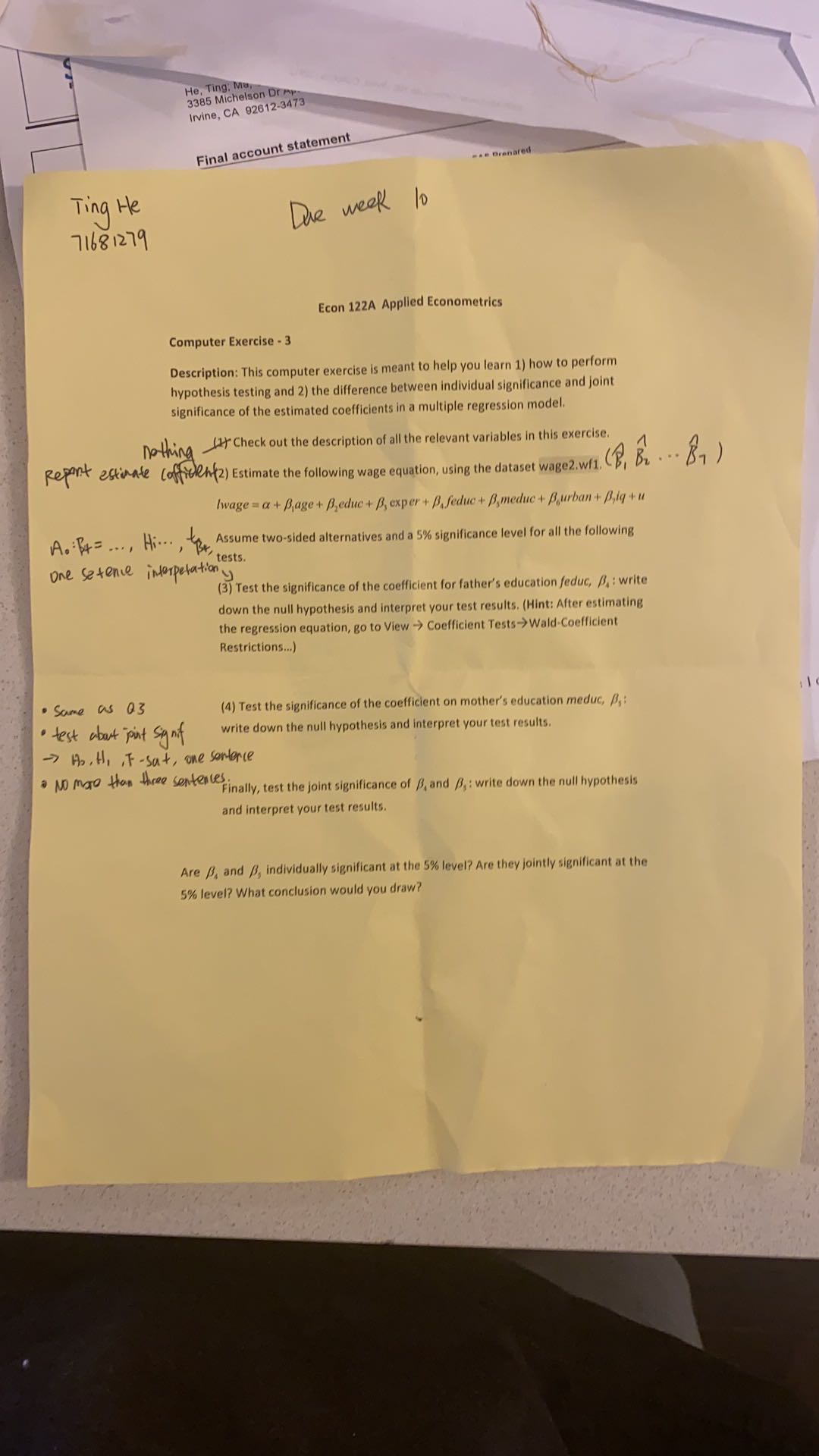 Please help to slove this computer exercise He, Ting, Ma, 3385 Michelson