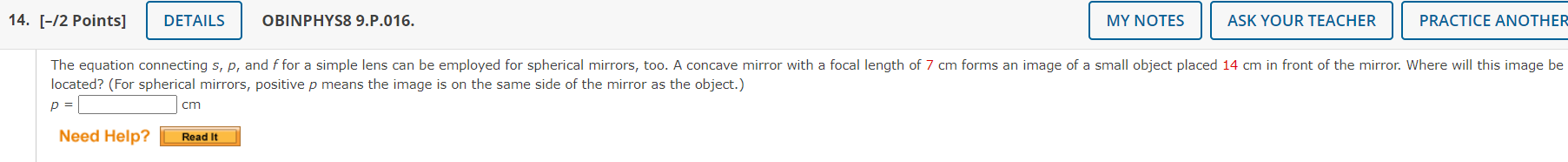  14. [-/2 Points] DETAILS OBINPHYS8 9.P.016. MY NOTES ASK YOUR TEACHER