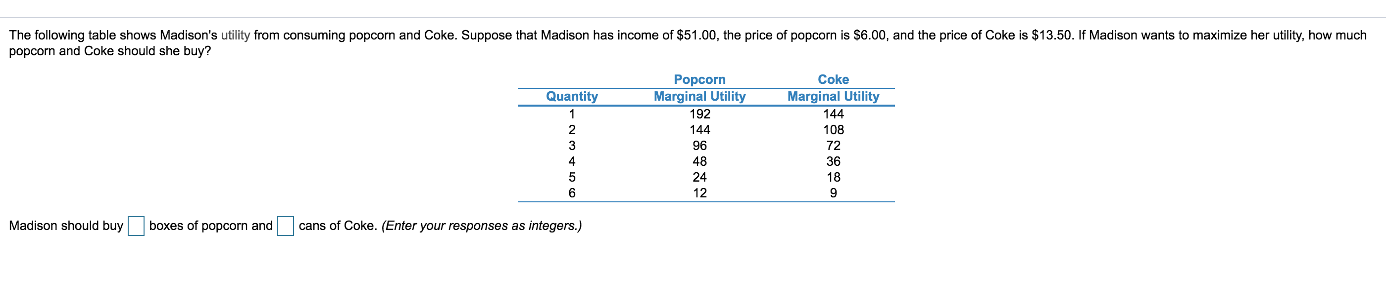Please help =) The following table shows Madison's utility from consuming popcorn