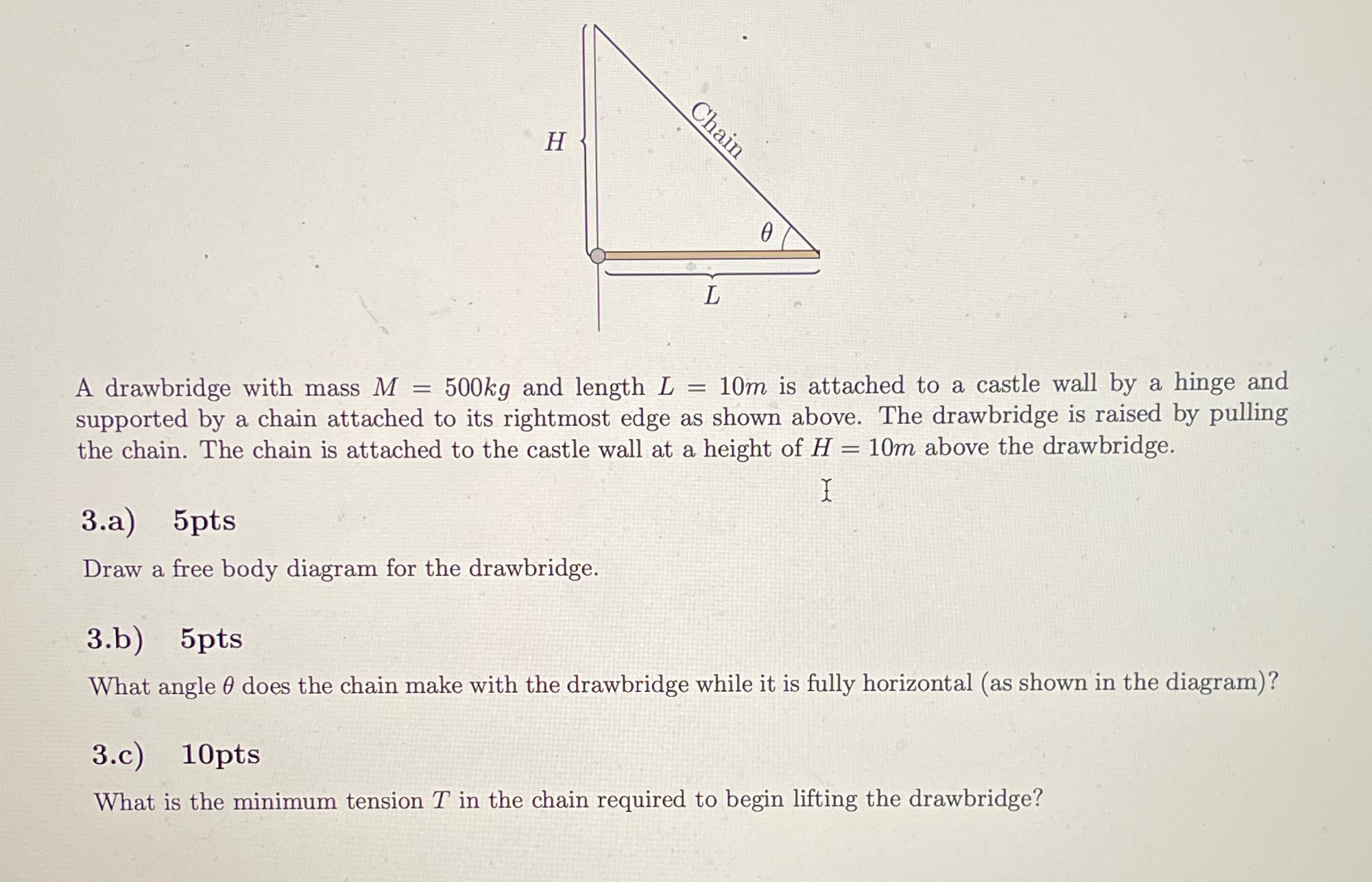 Physics question H Chain A drawbridge with mass M = 500kg and