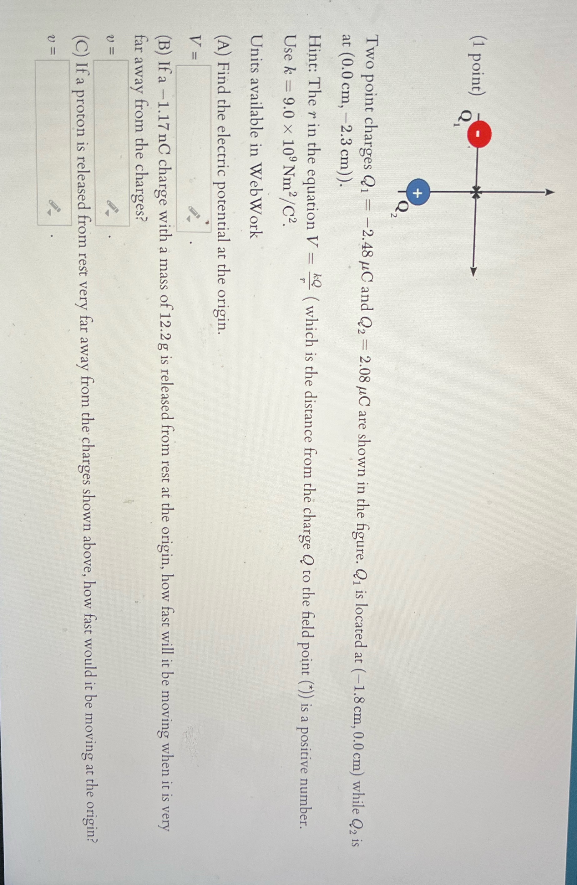 (1 point) Two point charges Q1 = -2.48 /C and Q2