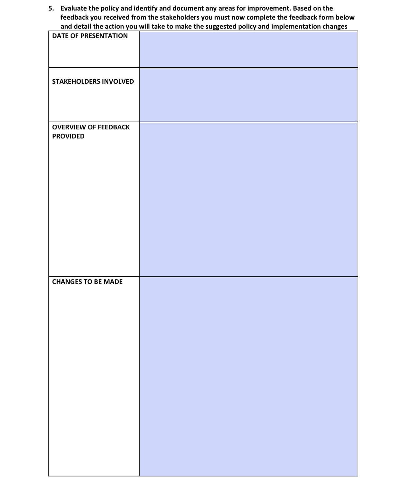 5. Evaluate the policy and identify and document any areas for