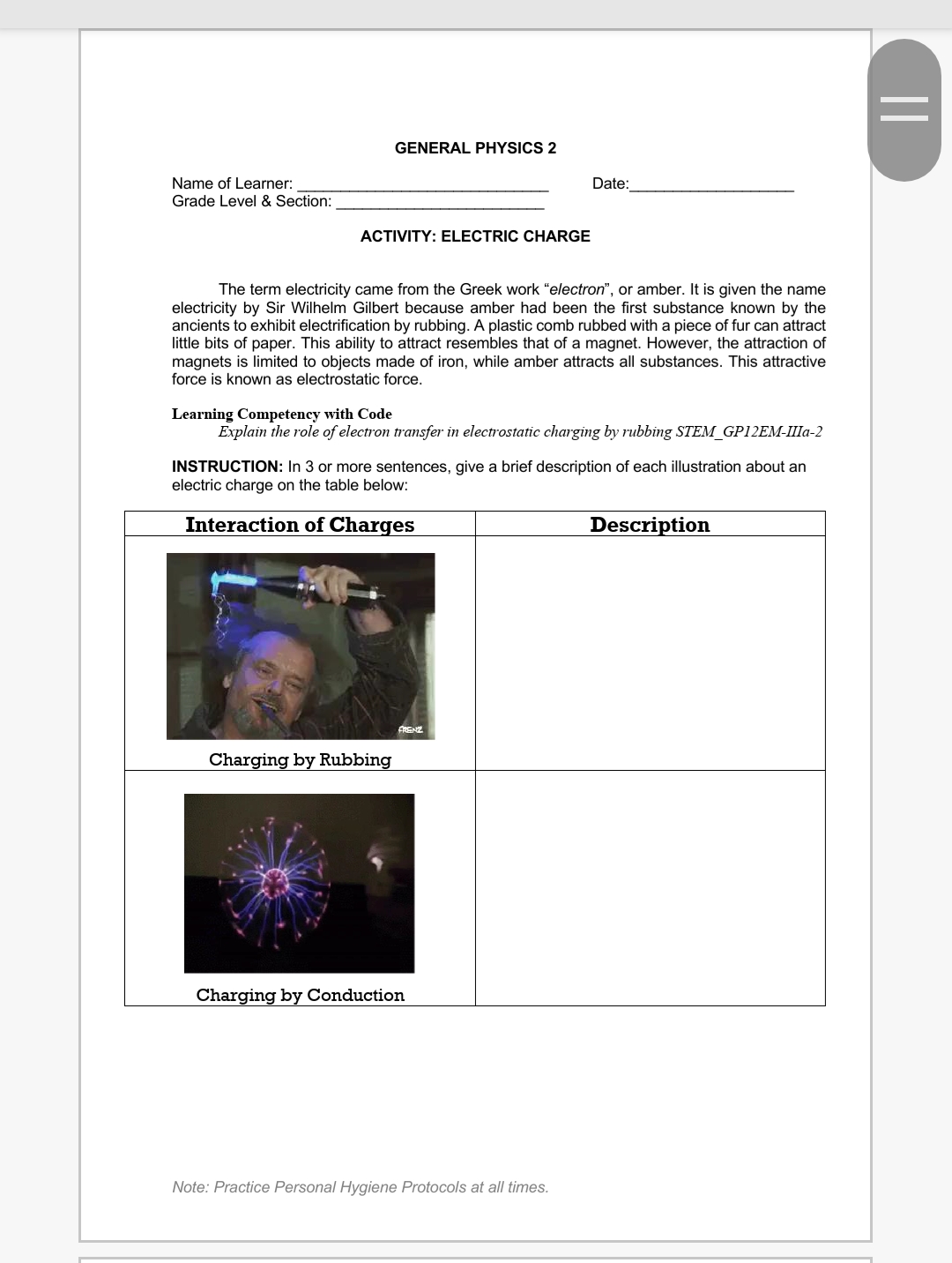 Reference:https://drive.google.com/folderview?id=1GYXYB-XKYhuZupLvZIRlHJ28gwfQ8lc7 GENERAL PHYSICS 2 Name of Learner: Date: Grade Level 8; Section: