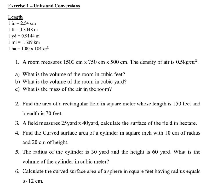 Exercise 1 - Units and Conversions Length 1 in = 2.54