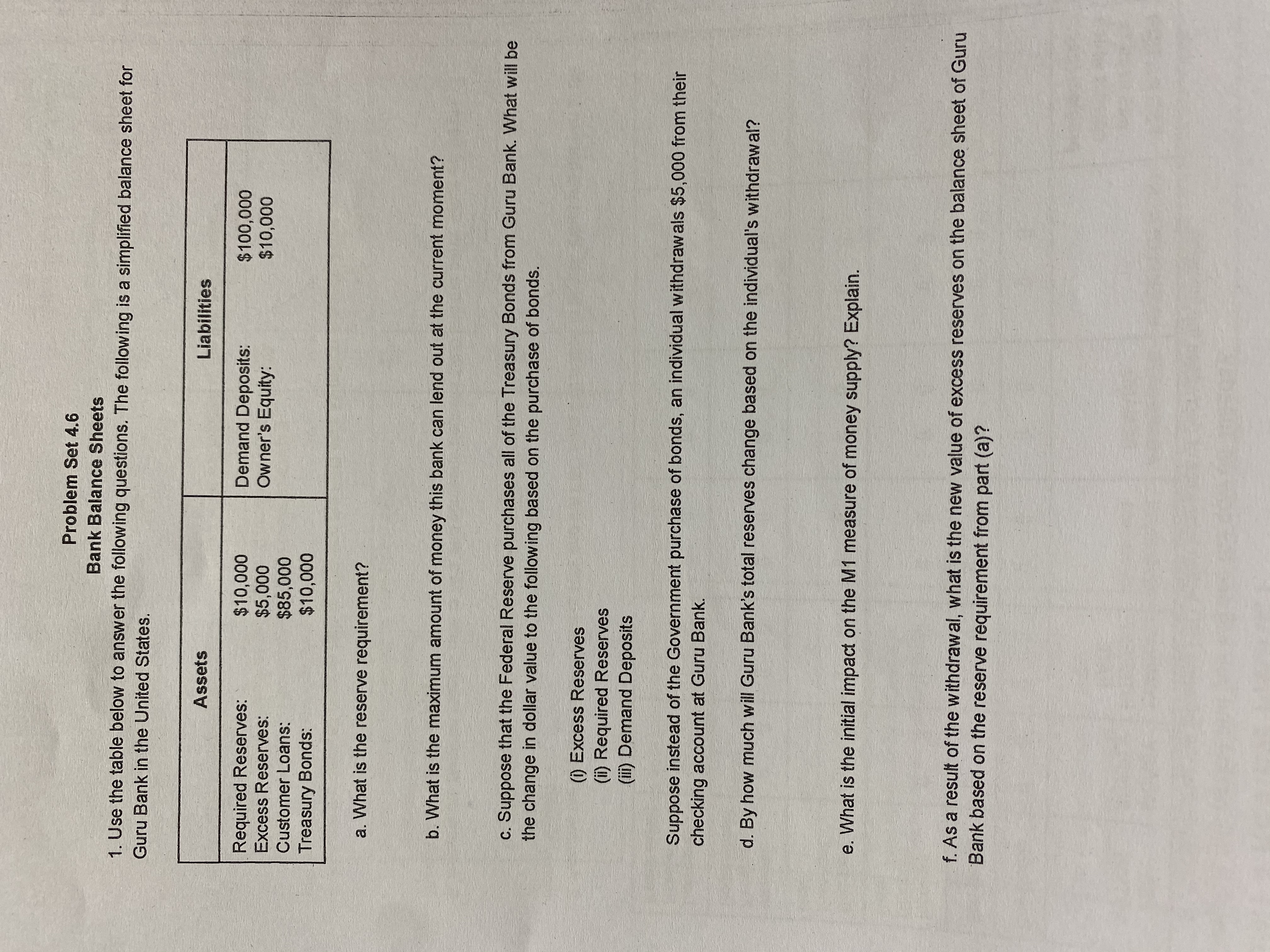 Solve d, e , f Problem Set 4.6 Bank Balance Sheets 1.